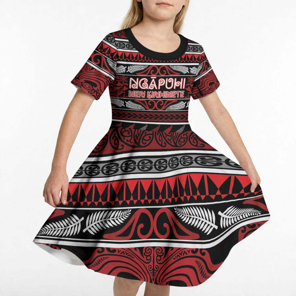 Personalised Ngapuhi Aotearoa Meri Kirihimete Kid Short Sleeve Dress Maori Silver Fern Koru Tribal Pattern