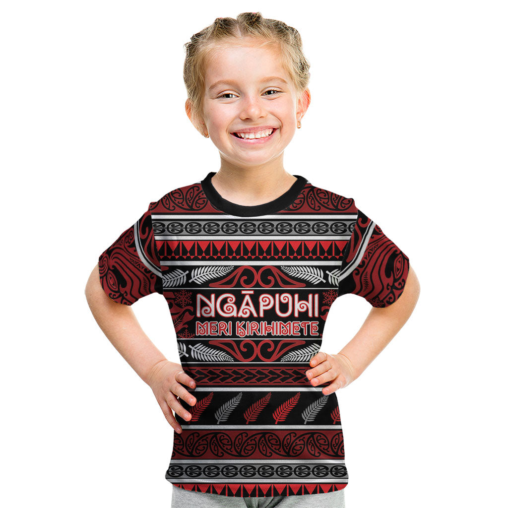 Personalised Ngapuhi Aotearoa Meri Kirihimete Kid T Shirt Maori Silver Fern Koru Tribal Pattern