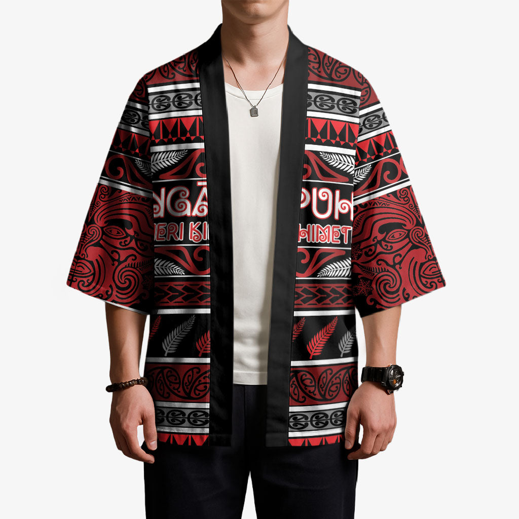 Personalised Ngapuhi Aotearoa Meri Kirihimete Kimono Maori Silver Fern Koru Tribal Pattern