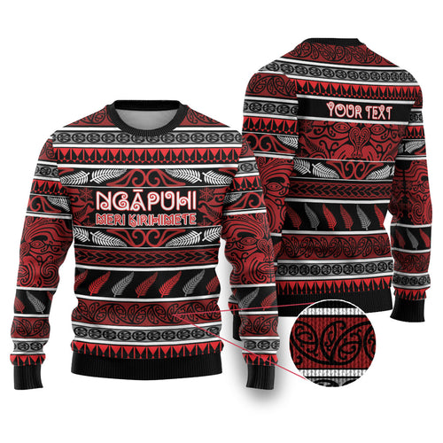 Personalised Ngapuhi Aotearoa Meri Kirihimete Ugly Christmas Sweater Maori Silver Fern Koru Tribal Pattern