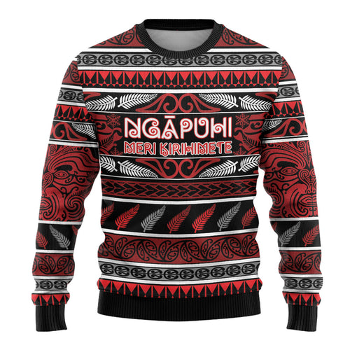Personalised Ngapuhi Aotearoa Meri Kirihimete Ugly Christmas Sweater Maori Silver Fern Koru Tribal Pattern