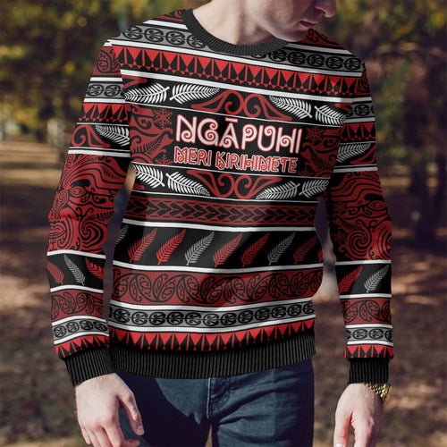 Personalised Ngapuhi Aotearoa Meri Kirihimete Ugly Christmas Sweater Maori Silver Fern Koru Tribal Pattern