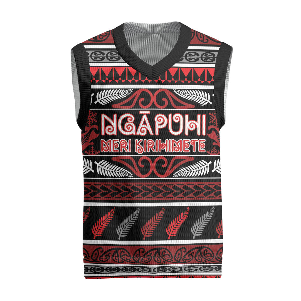 Personalised Ngapuhi Aotearoa Meri Kirihimete Christmas Knitted V-Neck Vest Maori Silver Fern Koru Tribal Pattern
