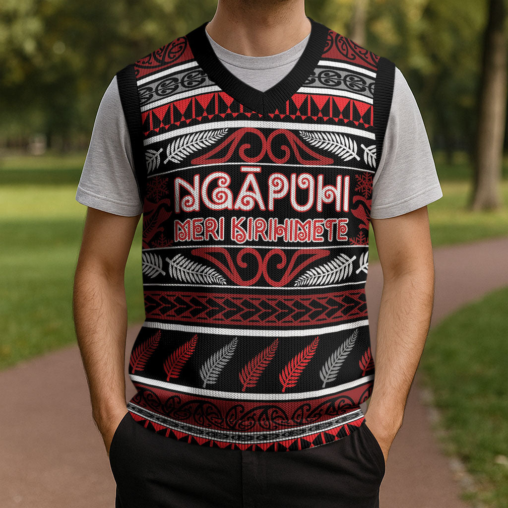 Personalised Ngapuhi Aotearoa Meri Kirihimete Christmas Knitted V-Neck Vest Maori Silver Fern Koru Tribal Pattern