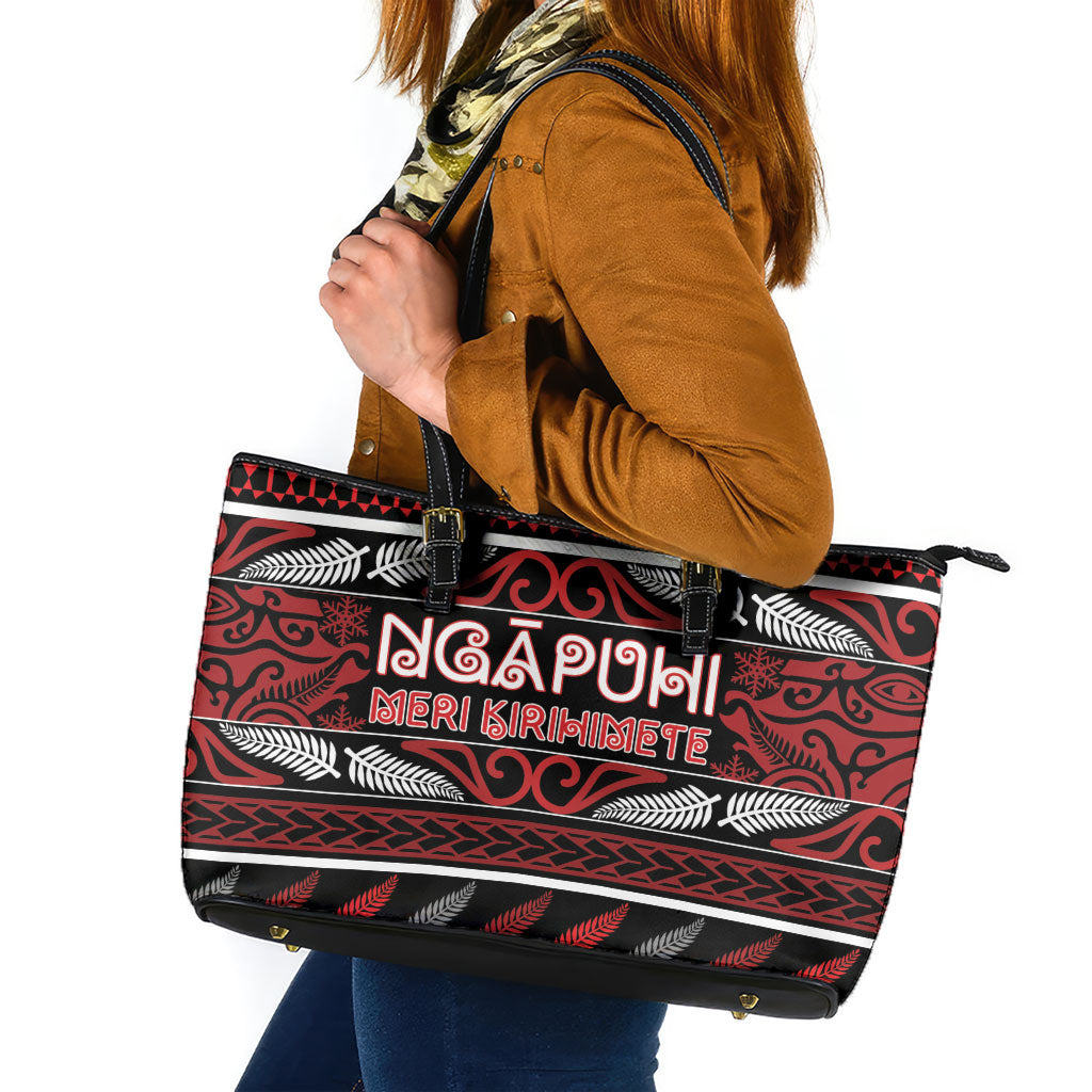 Ngapuhi Aotearoa Meri Kirihimete Leather Tote Bag Maori Silver Fern Koru Tribal Pattern