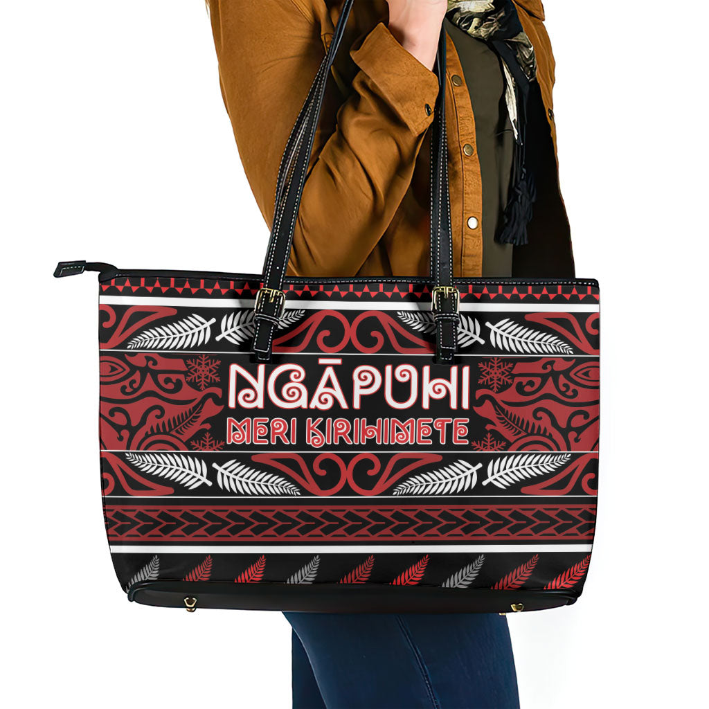 Ngapuhi Aotearoa Meri Kirihimete Leather Tote Bag Maori Silver Fern Koru Tribal Pattern