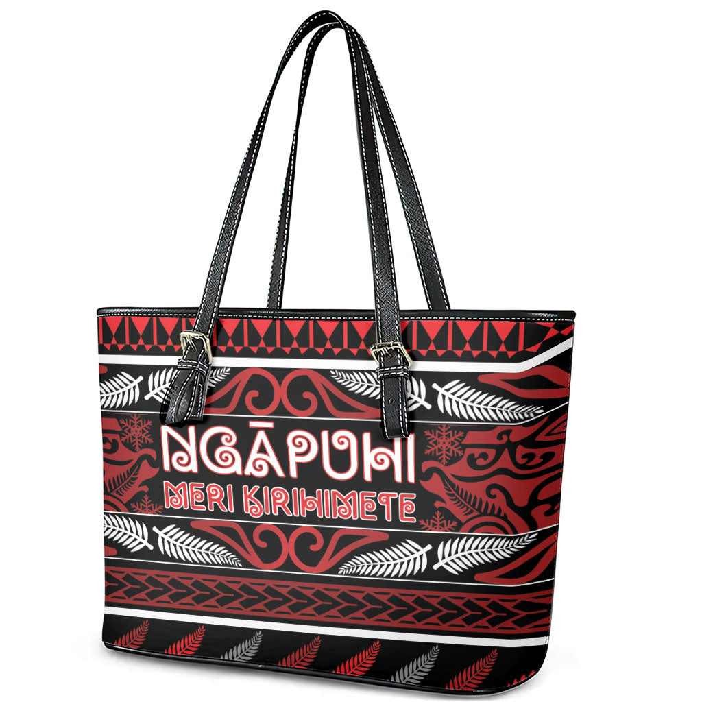 Ngapuhi Aotearoa Meri Kirihimete Leather Tote Bag Maori Silver Fern Koru Tribal Pattern