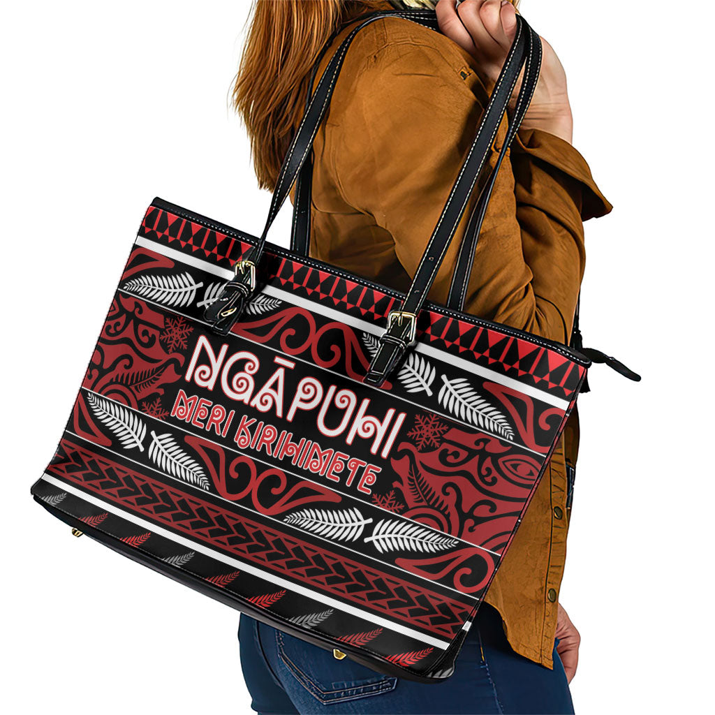 Ngapuhi Aotearoa Meri Kirihimete Leather Tote Bag Maori Silver Fern Koru Tribal Pattern