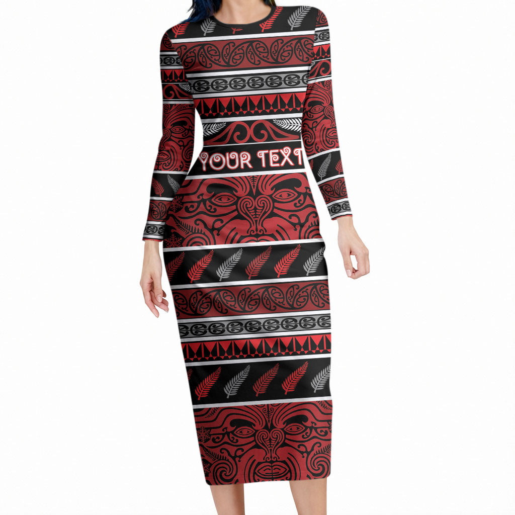 Personalised Ngapuhi Aotearoa Meri Kirihimete Long Sleeve Bodycon Dress Maori Silver Fern Koru Tribal Pattern