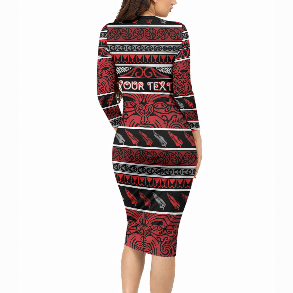 Personalised Ngapuhi Aotearoa Meri Kirihimete Long Sleeve Bodycon Dress Maori Silver Fern Koru Tribal Pattern