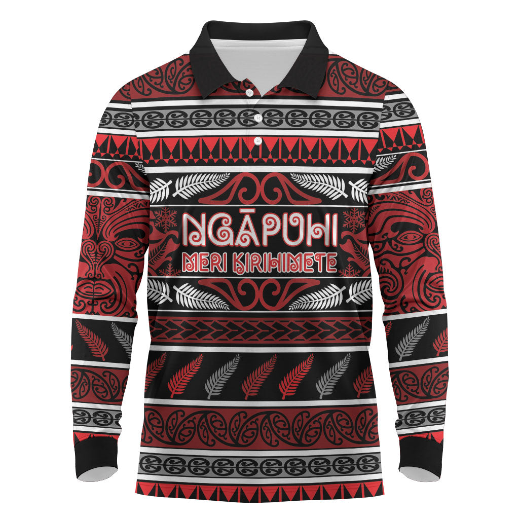Personalised Ngapuhi Aotearoa Meri Kirihimete Long Sleeve Polo Shirt Maori Silver Fern Koru Tribal Pattern