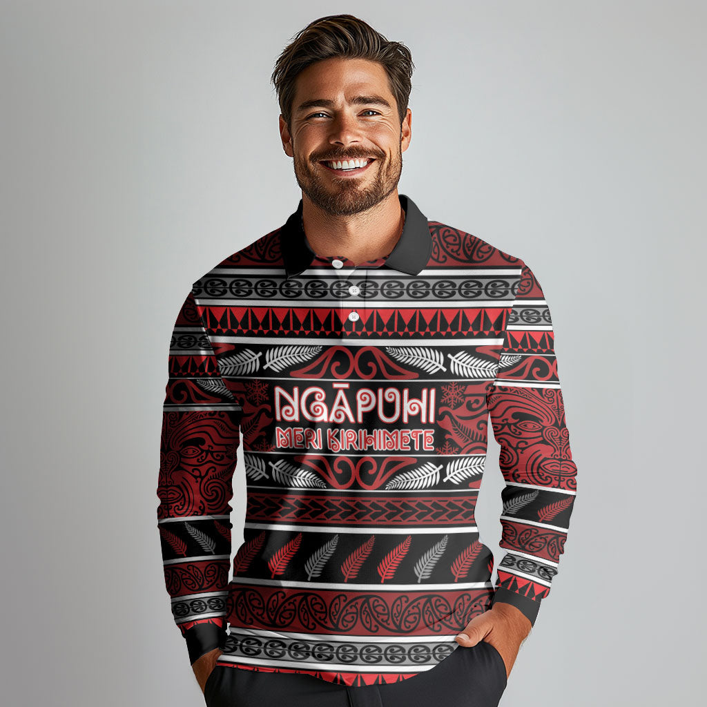 Personalised Ngapuhi Aotearoa Meri Kirihimete Long Sleeve Polo Shirt Maori Silver Fern Koru Tribal Pattern