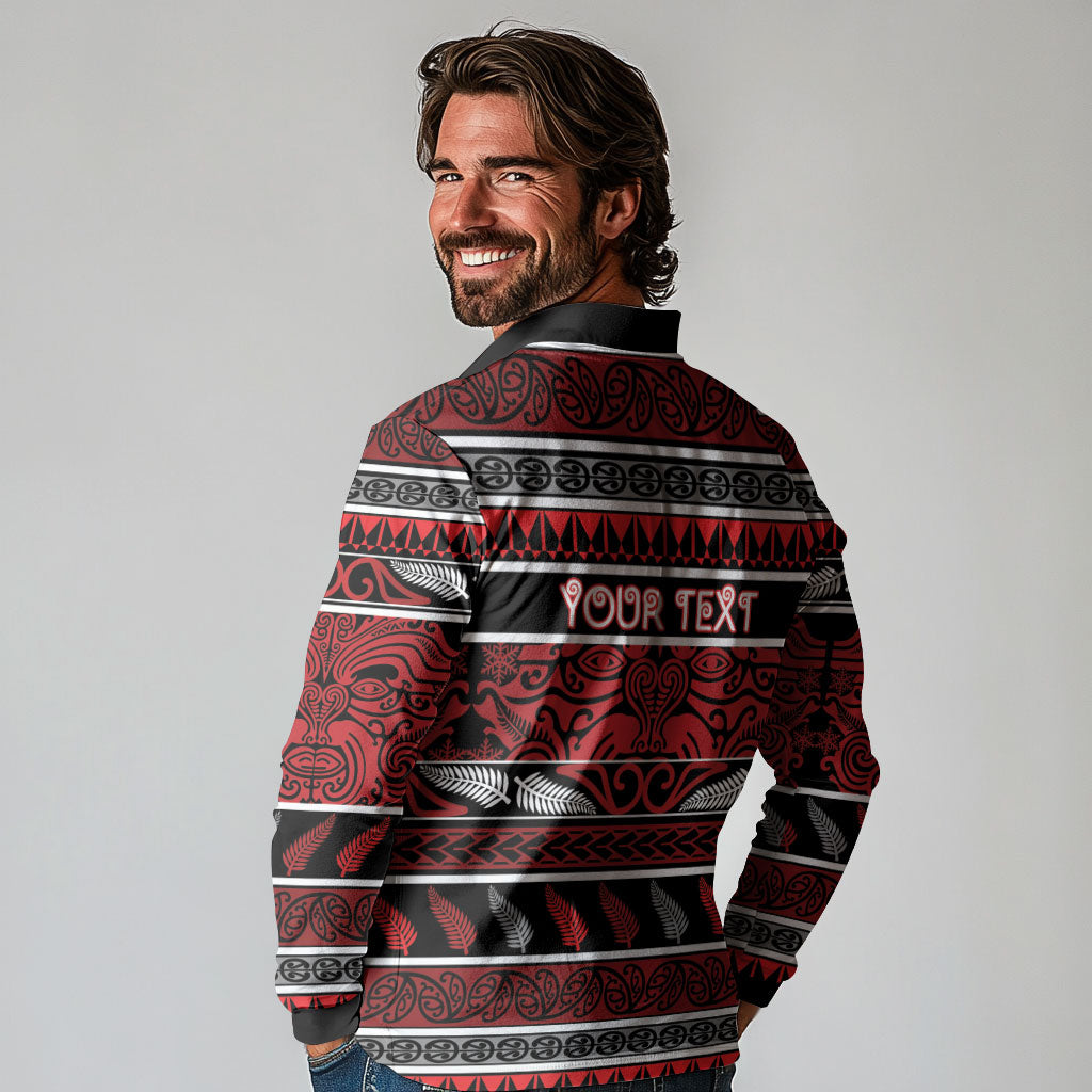 Personalised Ngapuhi Aotearoa Meri Kirihimete Long Sleeve Polo Shirt Maori Silver Fern Koru Tribal Pattern