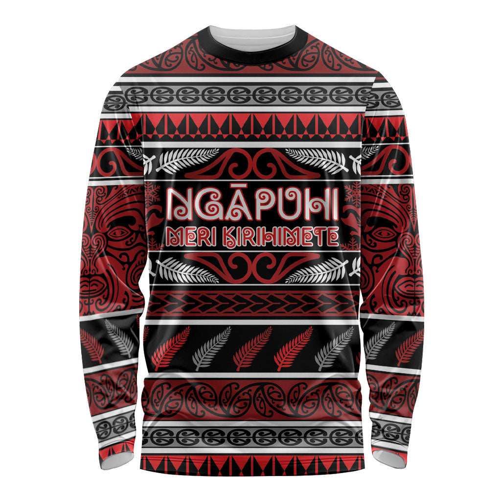Personalised Ngapuhi Aotearoa Meri Kirihimete Long Sleeve Shirt Maori Silver Fern Koru Tribal Pattern