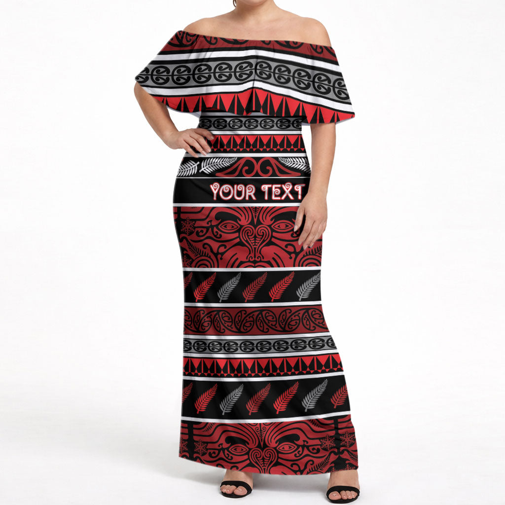 Personalised Ngapuhi Aotearoa Meri Kirihimete Off Shoulder Maxi Dress Maori Silver Fern Koru Tribal Pattern