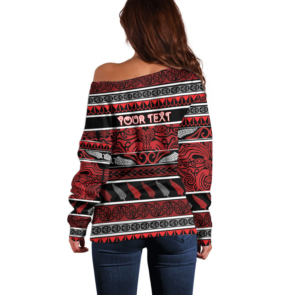Personalised Ngapuhi Aotearoa Meri Kirihimete Off Shoulder Sweater Maori Silver Fern Koru Tribal Pattern