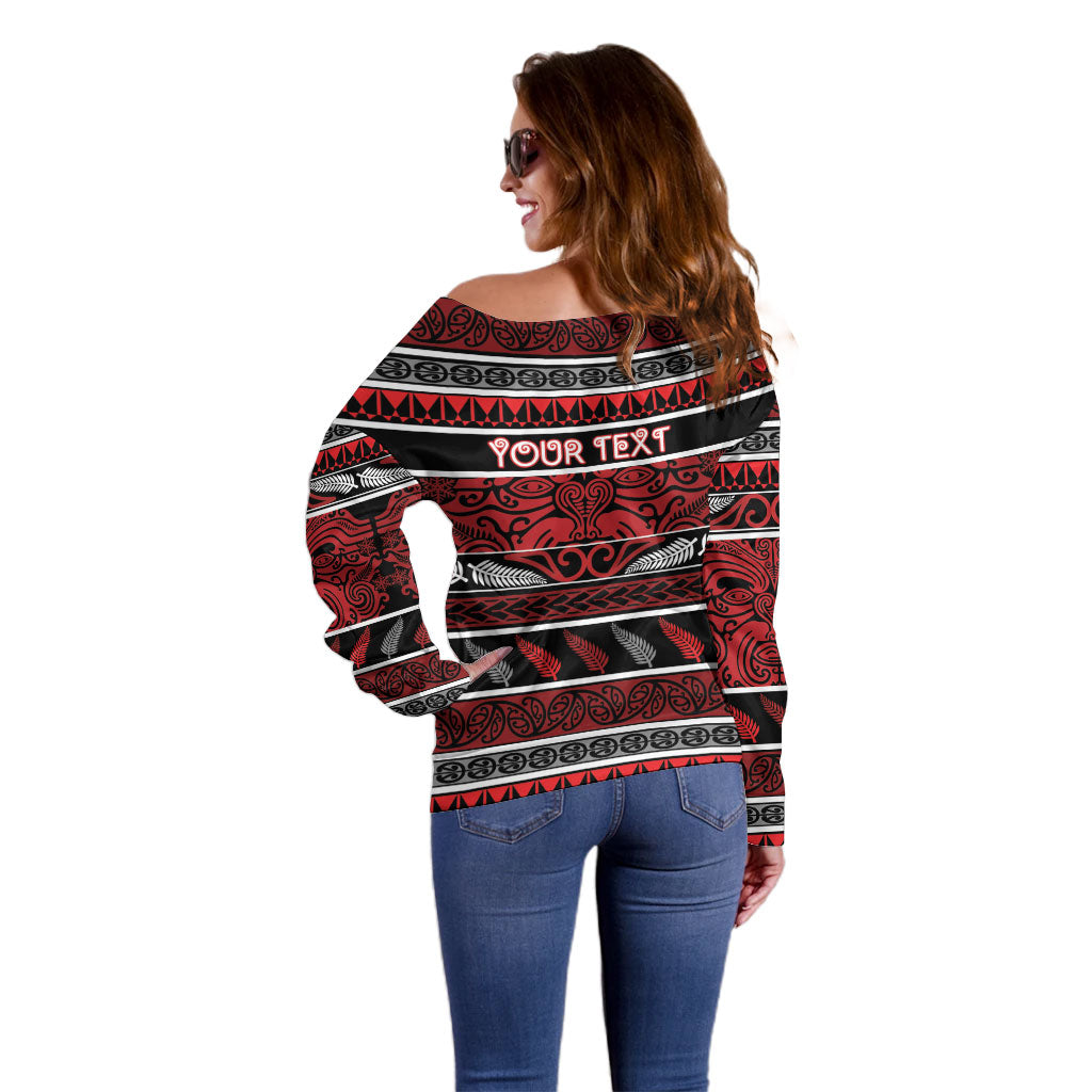 Personalised Ngapuhi Aotearoa Meri Kirihimete Off Shoulder Sweater Maori Silver Fern Koru Tribal Pattern