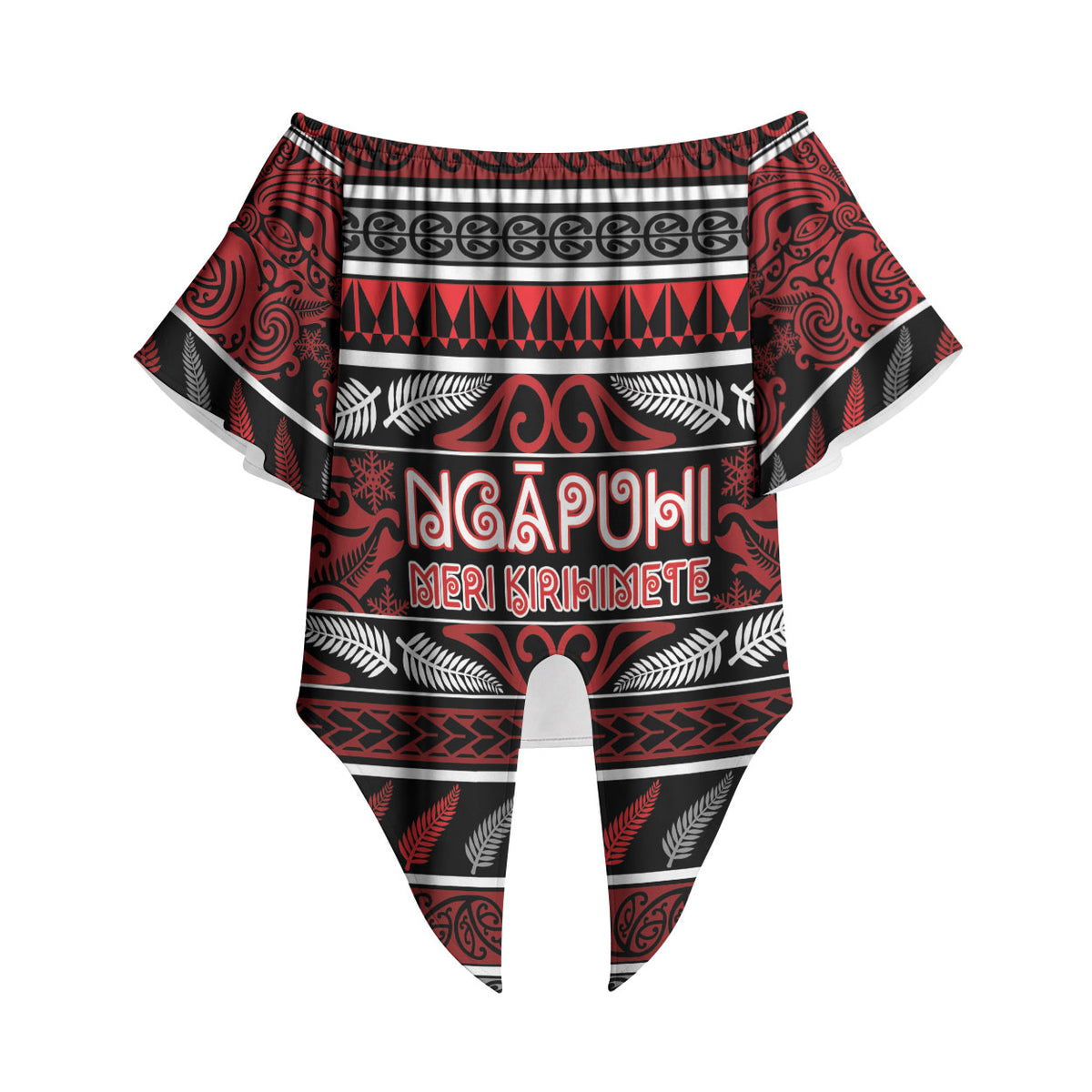 Personalised Ngapuhi Aotearoa Meri Kirihimete Off Shoulder Wrap Waist Top Maori Silver Fern Koru Tribal Pattern