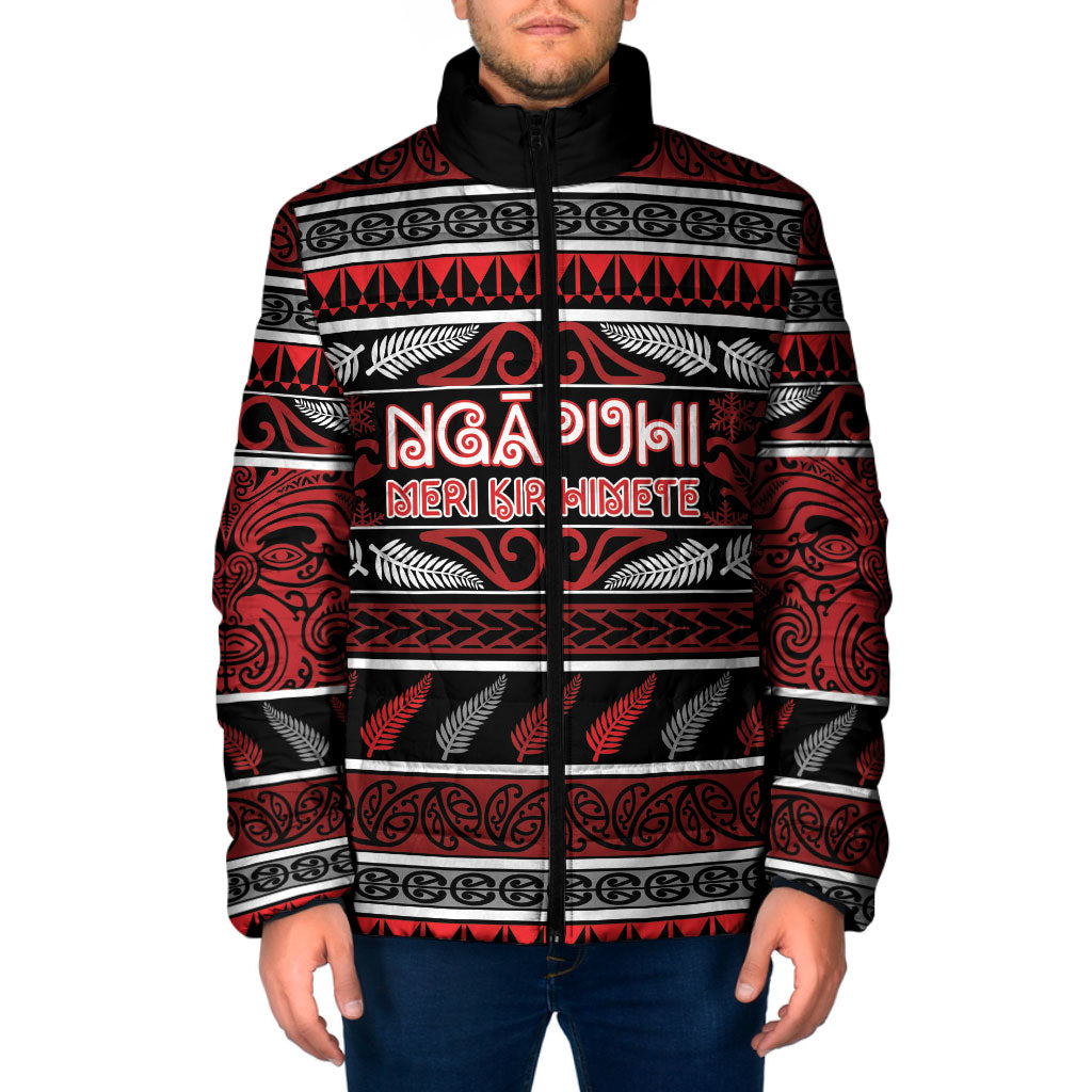 Personalised Ngapuhi Aotearoa Meri Kirihimete Padded Jacket Maori Silver Fern Koru Tribal Pattern
