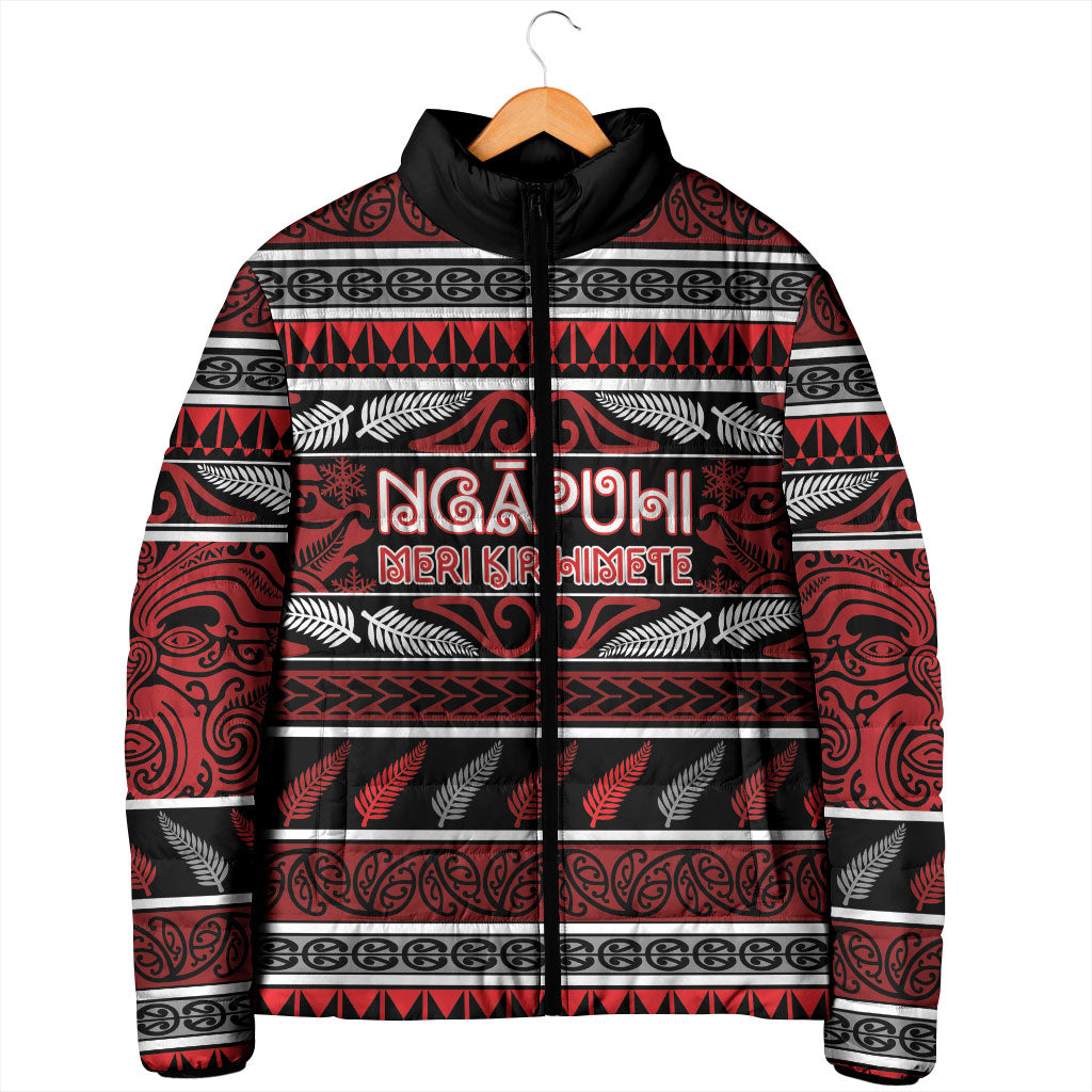 Personalised Ngapuhi Aotearoa Meri Kirihimete Padded Jacket Maori Silver Fern Koru Tribal Pattern