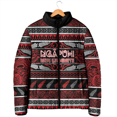 Personalised Ngapuhi Aotearoa Meri Kirihimete Padded Jacket Maori Silver Fern Koru Tribal Pattern