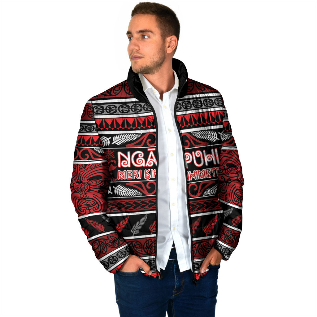 Personalised Ngapuhi Aotearoa Meri Kirihimete Padded Jacket Maori Silver Fern Koru Tribal Pattern