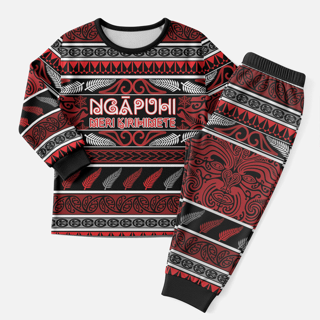 Personalised Ngapuhi Aotearoa Meri Kirihimete Christmas Pajama Set Maori Silver Fern Koru Tribal Pattern