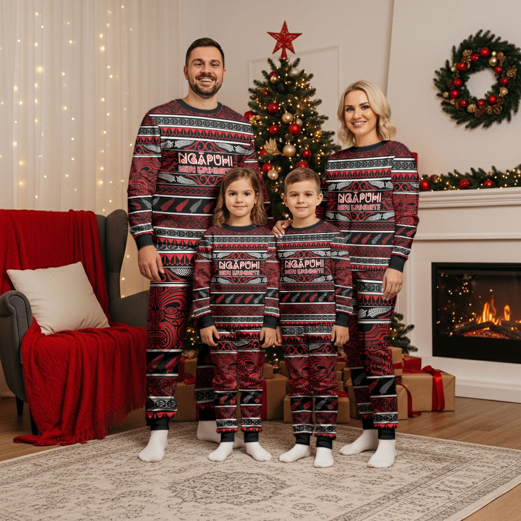 Personalised Ngapuhi Aotearoa Meri Kirihimete Christmas Pajama Set Maori Silver Fern Koru Tribal Pattern