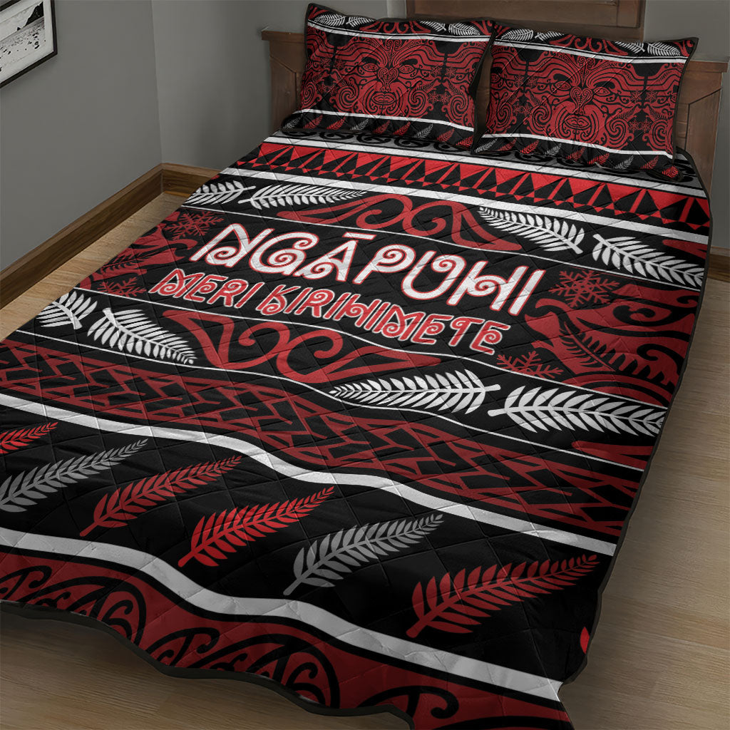 Ngapuhi Aotearoa Meri Kirihimete Quilt Bed Set Maori Silver Fern Koru Tribal Pattern