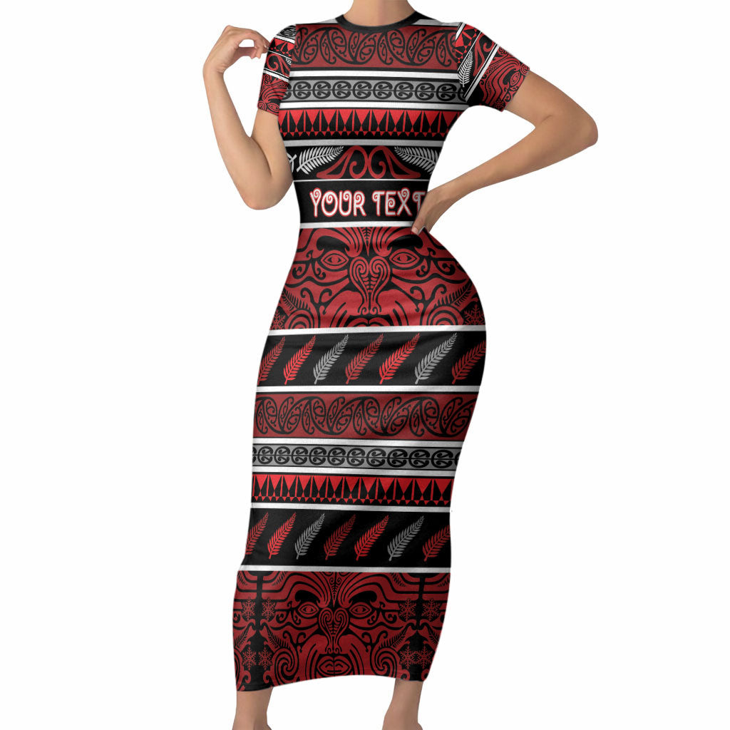 Personalised Ngapuhi Aotearoa Meri Kirihimete Short Sleeve Bodycon Dress Maori Silver Fern Koru Tribal Pattern
