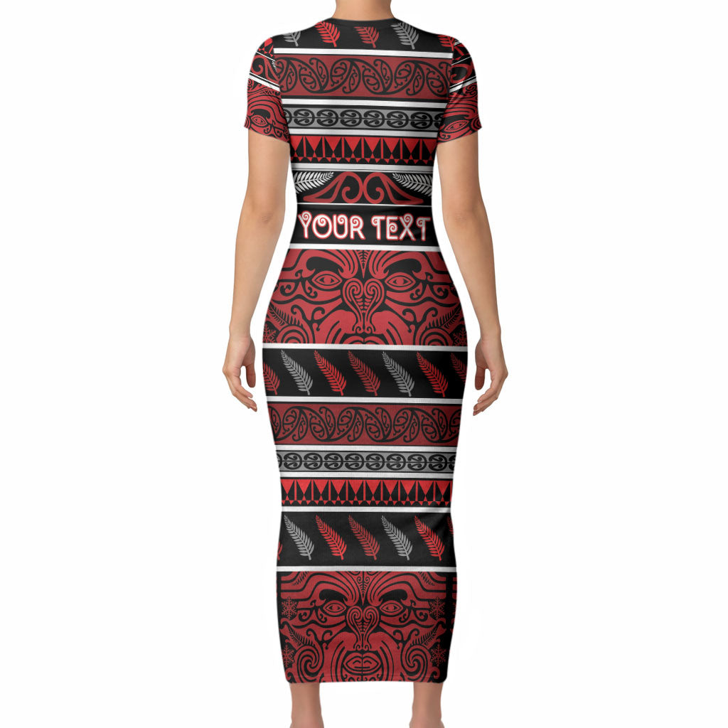 Personalised Ngapuhi Aotearoa Meri Kirihimete Short Sleeve Bodycon Dress Maori Silver Fern Koru Tribal Pattern