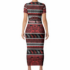 Personalised Ngapuhi Aotearoa Meri Kirihimete Short Sleeve Bodycon Dress Maori Silver Fern Koru Tribal Pattern