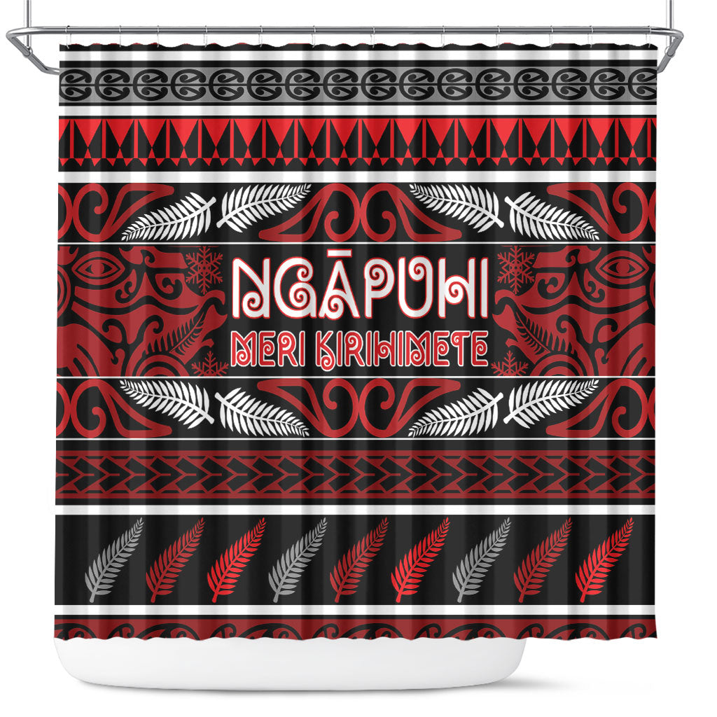 Ngapuhi Aotearoa Meri Kirihimete Shower Curtain Maori Silver Fern Koru Tribal Pattern