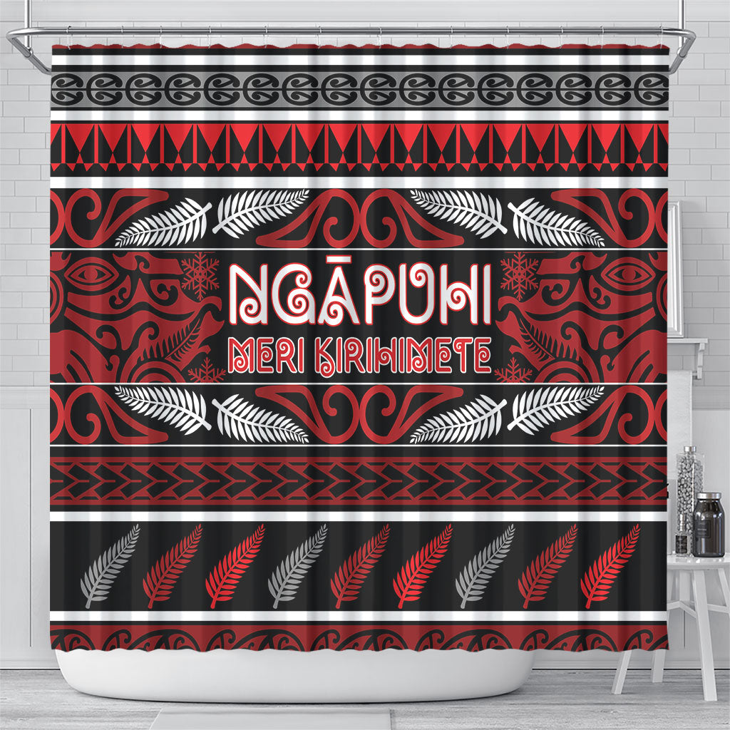 Ngapuhi Aotearoa Meri Kirihimete Shower Curtain Maori Silver Fern Koru Tribal Pattern