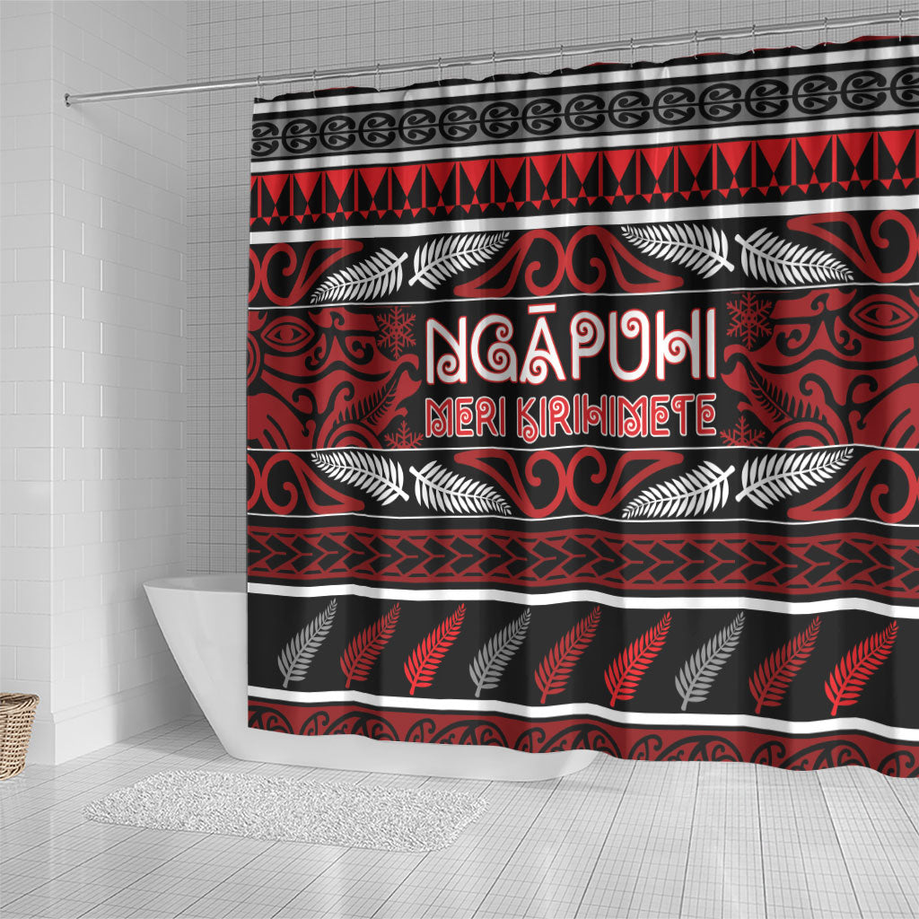 Ngapuhi Aotearoa Meri Kirihimete Shower Curtain Maori Silver Fern Koru Tribal Pattern