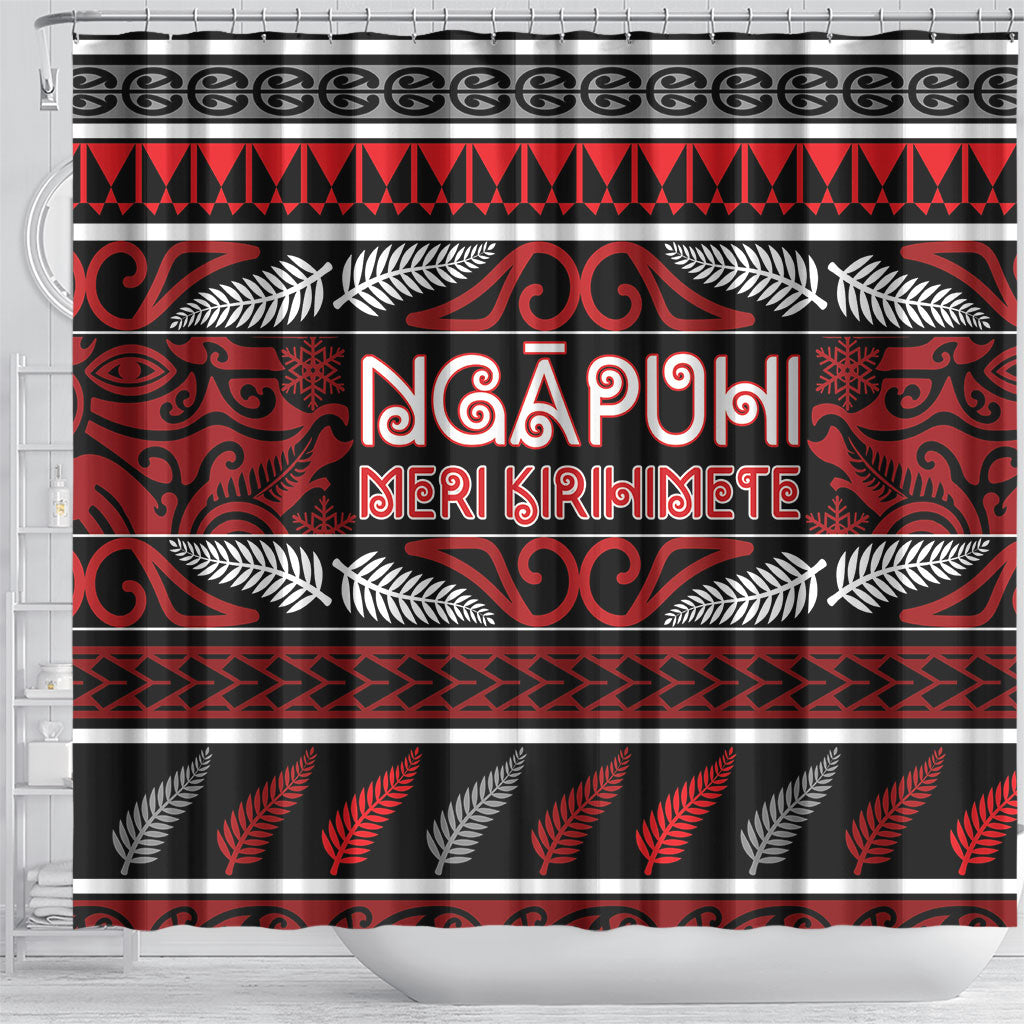 Ngapuhi Aotearoa Meri Kirihimete Shower Curtain Maori Silver Fern Koru Tribal Pattern