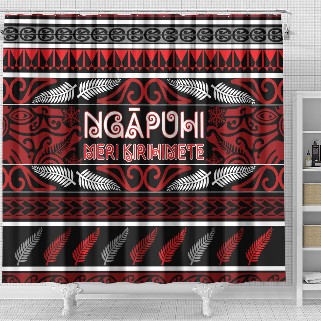 Ngapuhi Aotearoa Meri Kirihimete Shower Curtain Maori Silver Fern Koru Tribal Pattern