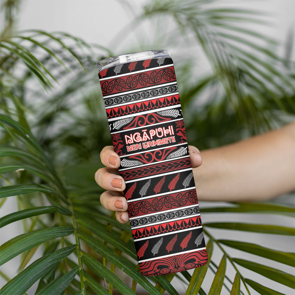 Personalised Ngapuhi Aotearoa Meri Kirihimete Skinny Tumbler Maori Silver Fern Koru Tribal Pattern