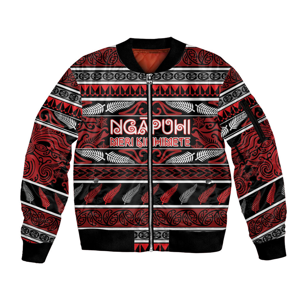 Personalised Ngapuhi Aotearoa Meri Kirihimete Sleeve Zip Bomber Jacket Maori Silver Fern Koru Tribal Pattern