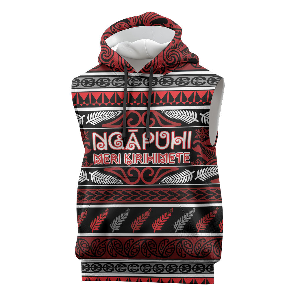 Personalised Ngapuhi Aotearoa Meri Kirihimete Sleeveless Hoodie Maori Silver Fern Koru Tribal Pattern