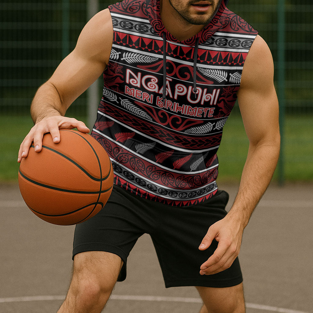 Personalised Ngapuhi Aotearoa Meri Kirihimete Sleeveless Hoodie Maori Silver Fern Koru Tribal Pattern