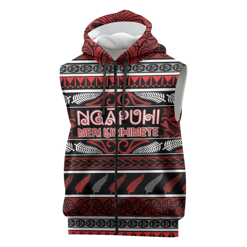 Personalised Ngapuhi Aotearoa Meri Kirihimete Sleeveless Zip Hoodie Maori Silver Fern Koru Tribal Pattern