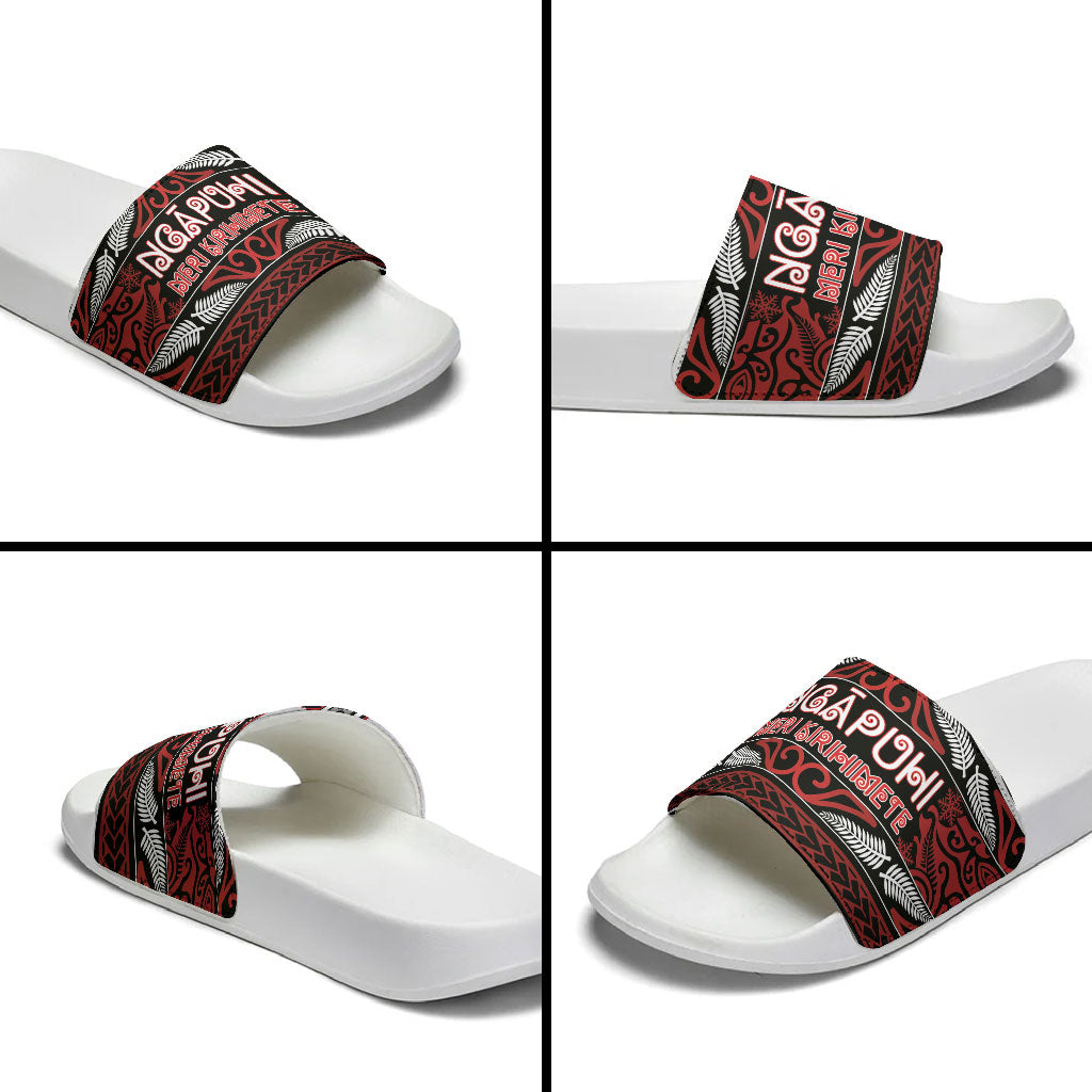 Ngapuhi Aotearoa Meri Kirihimete Slide Sandals Maori Silver Fern Koru Tribal Pattern