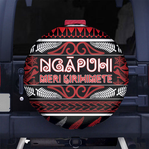 Ngapuhi Aotearoa Meri Kirihimete Spare Tire Cover Maori Silver Fern Koru Tribal Pattern