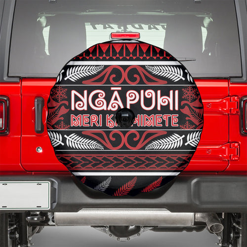 Ngapuhi Aotearoa Meri Kirihimete Spare Tire Cover Maori Silver Fern Koru Tribal Pattern