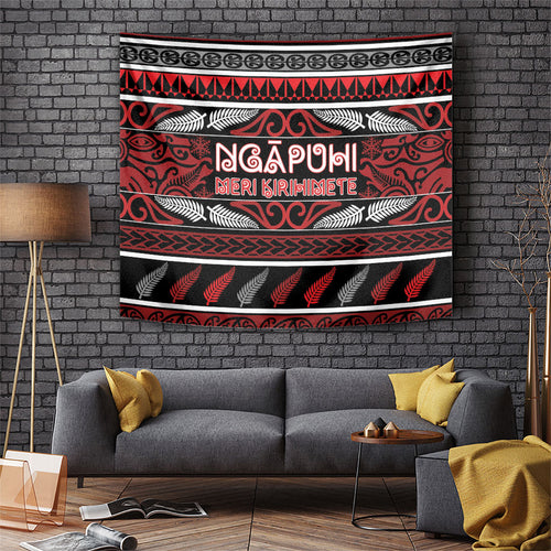 Ngapuhi Aotearoa Meri Kirihimete Tapestry Maori Silver Fern Koru Tribal Pattern