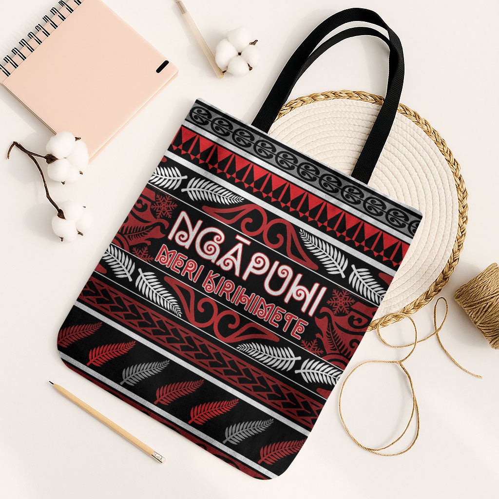 Ngapuhi Aotearoa Meri Kirihimete Tote Bag Maori Silver Fern Koru Tribal Pattern