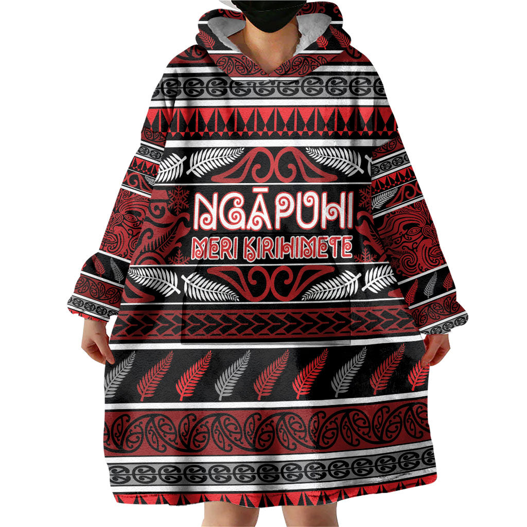 Personalised Ngapuhi Aotearoa Meri Kirihimete Wearable Blanket Hoodie Maori Silver Fern Koru Tribal Pattern