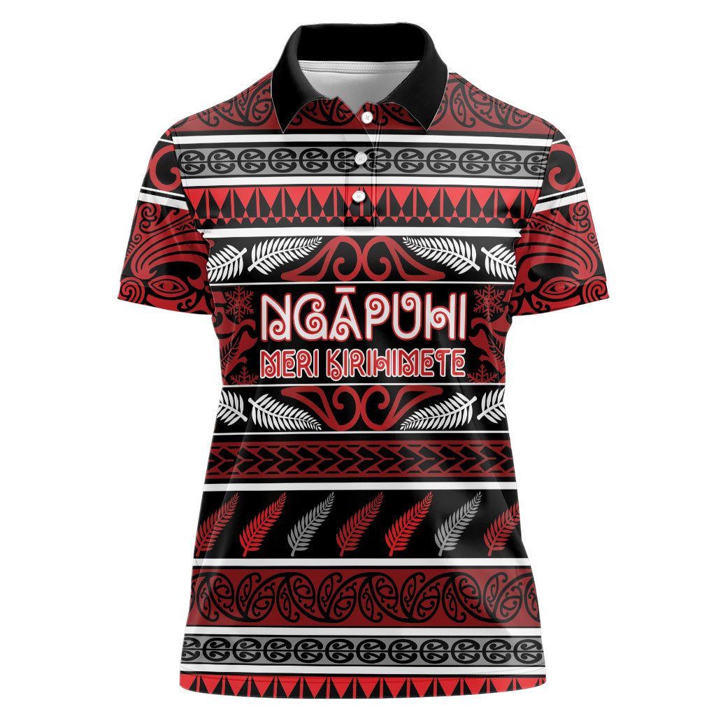 Personalised Ngapuhi Aotearoa Meri Kirihimete Women Polo Shirt Maori Silver Fern Koru Tribal Pattern