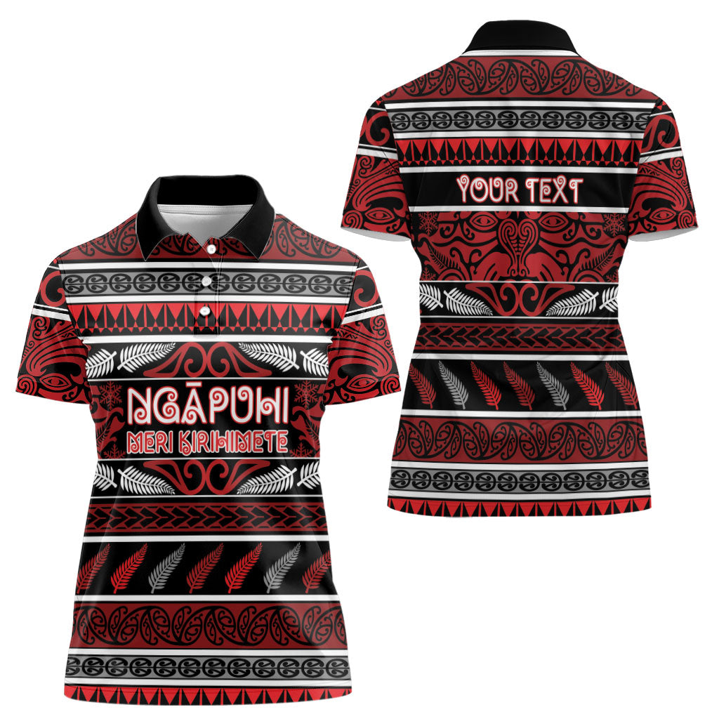 Personalised Ngapuhi Aotearoa Meri Kirihimete Women Polo Shirt Maori Silver Fern Koru Tribal Pattern